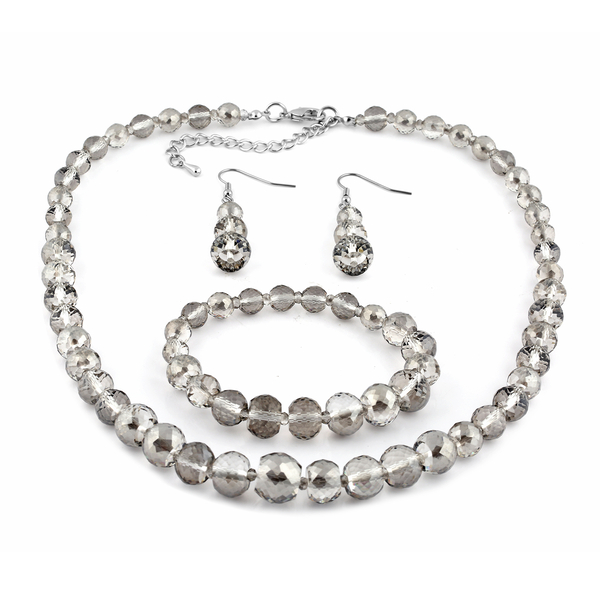3 Piece Set - Simulated Grey Topaz Beaded Necklace (Size 20 with 3 inch Extender), Stretchable Bracelet (Size 6.5) and Hook Earrings in Silver Tone