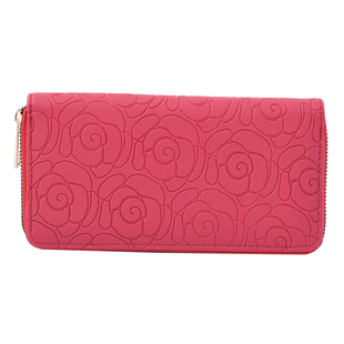 Rose Embossed Pattern Long Size Wallet with Zipper Closure  Red