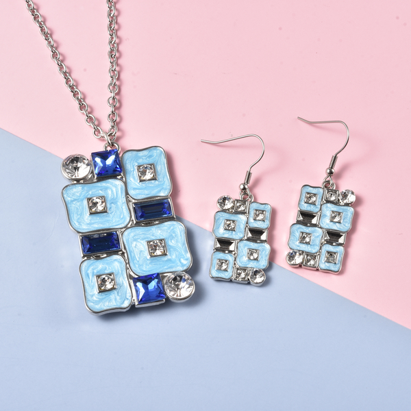 2 Pieces Set - White Austrian Crystal and Simulated Blue Sapphire Necklace (Size 24 with 2 inch Extender) & Hook Earrings in Silver Tone