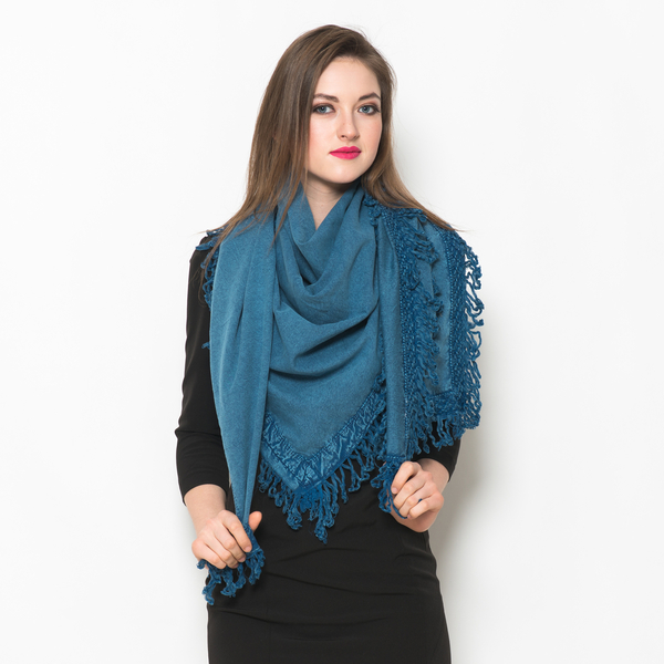 Designer Inspired Light Blue Colour Scarf with Floral Pattern Lace and Fringes at the Boundaries (Si