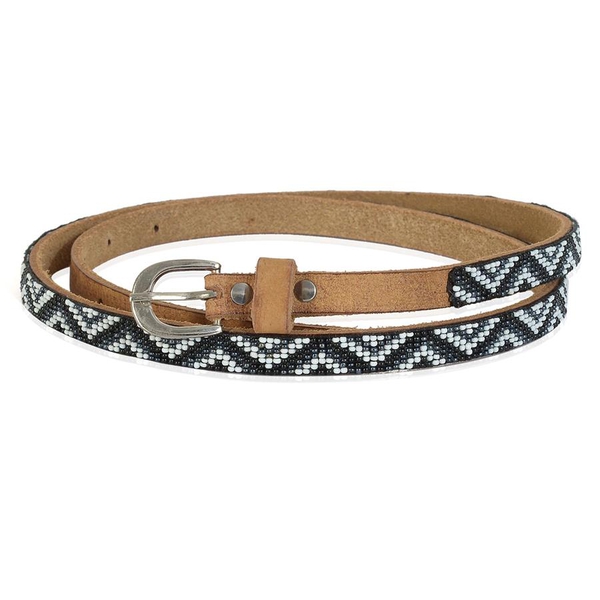 Genuine Leather Handmade Black, White and Grey Colour Seed Beaded Belt (Size 110x1.25 Cm)