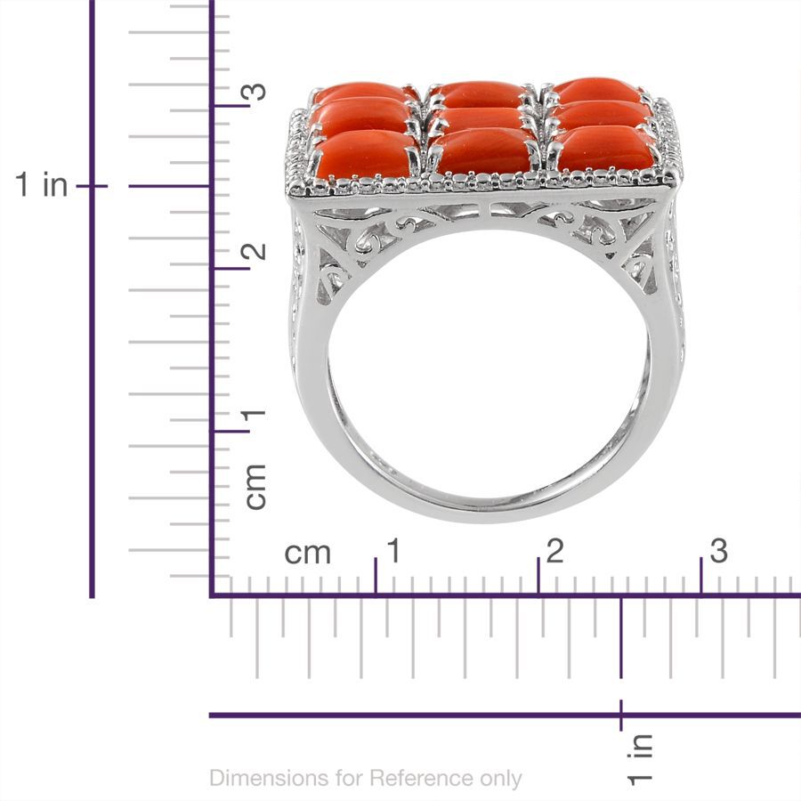 Natural Mediterranean Coral (Bgt), Diamond Ring in Platinum Overlay Sterling Silver 4.770 Ct.