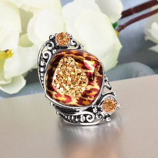 Sajen Silver Leopard Gold Druzy Collection  - Agate, Quartz Doublet Ring in Rhodium Overlay Sterling