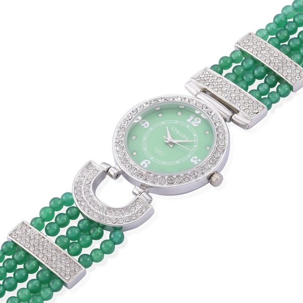 STRADA Japanese Movement Green Agate and Austrian Crystal Studded Watch