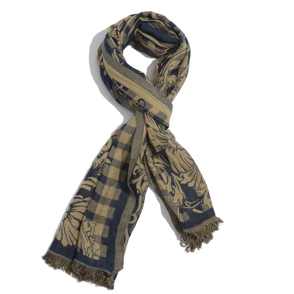 Beige and Blue Colour Floral and Leaves Pattern Reversible Scarf (Size 190x75 Cm)
