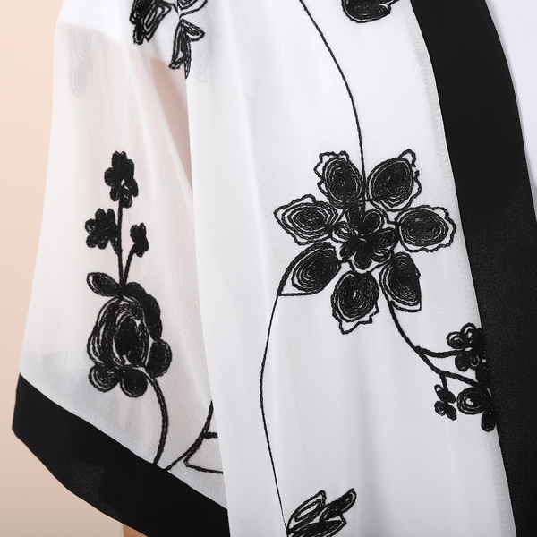 JOVIE Chiffon Floral Embroidery Kimono - White & Black