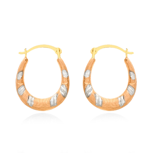 Close Out Deal Italian 9K Yellow, White and Rose Gold Diamond Cut Creole Hoop Earrings (with Clasp)