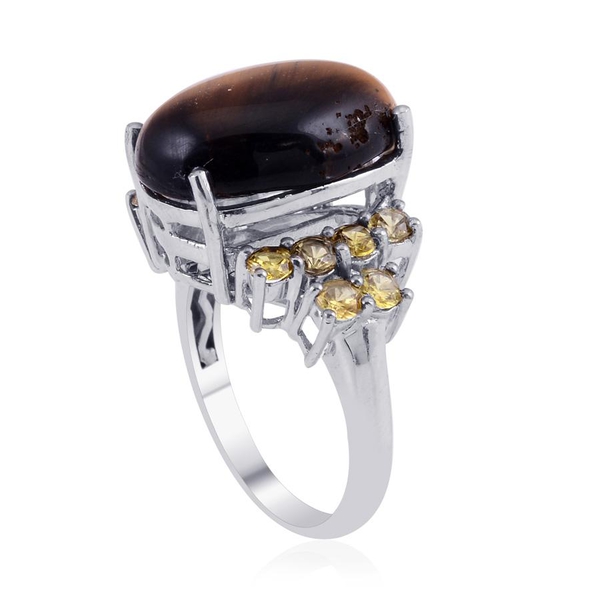 Tigers Eye (Ovl 10.50 Ct), Simulated Yellow Sapphire Ring in Platinum Bond 12.000 Ct.