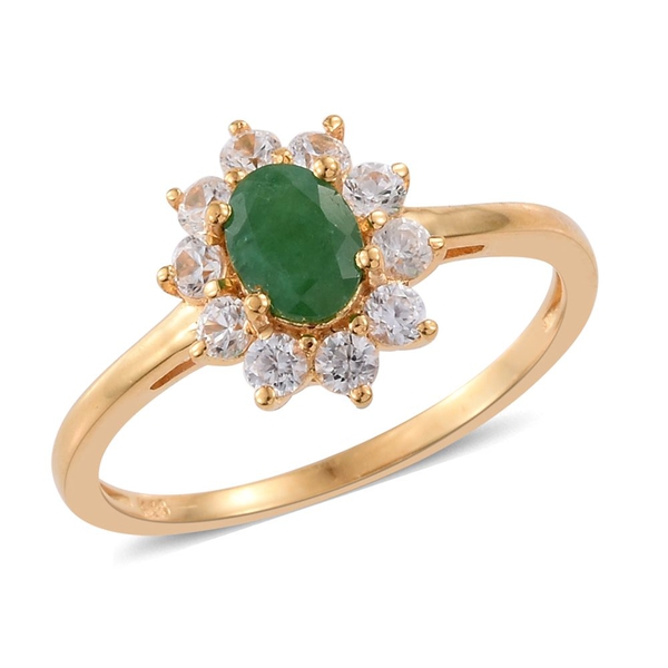AAA Brazilian Emerald (Ovl 0.75 Ct), Natural Cambodian Zircon Ring in 14K Gold Overlay Sterling Silv