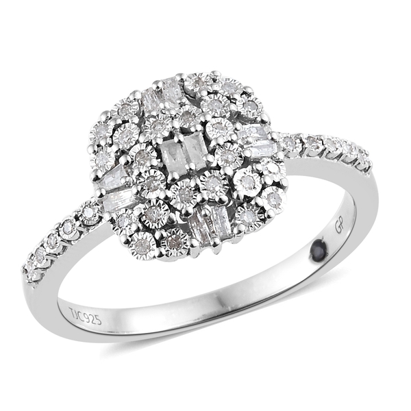 GP Diamond (Rnd and Bgt), Kanchanaburi Blue Sapphire Ring in Platinum Overlay Sterling Silver 0.330 