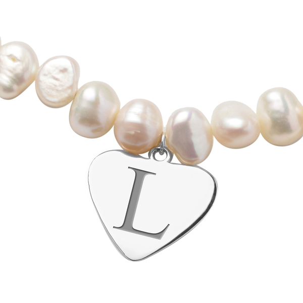 Personalised Engravable Fresh Water Pearl and Heart Charm Necklace, Size 20" in Silver