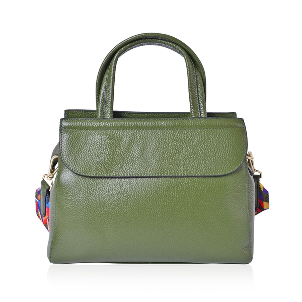 Designer Inspired  - Limited Edition- 100% Genuine Premium Leather Green Colour Tote Bag with Removable Colourful Shoulder Strap (Size 29X22X10.5 Cm)