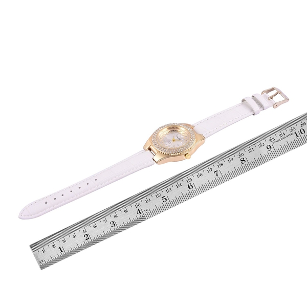 STRADA Japanese Movement White Austrian Crystal Studded White Dial Water Resistant Watch in Gold Tone with Stainless Steel Back and White Strap