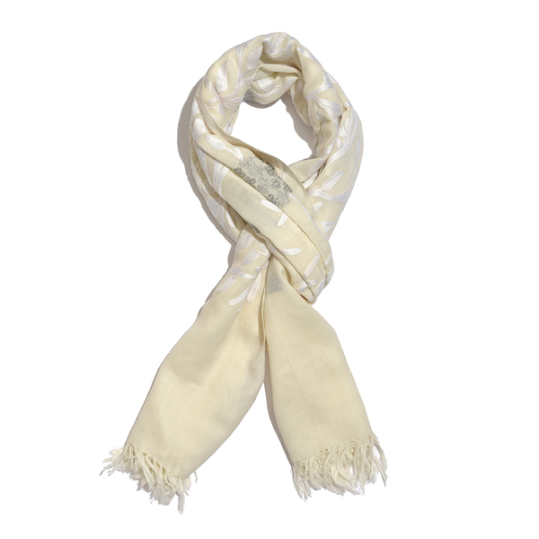 Limited Edition- Designer Inspired 100% Merino Wool White and Grey Colour Floral and Leaves Embroide