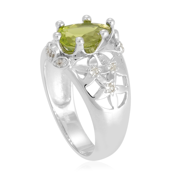 Hebei Peridot (Pear 1.50 Ct), White Topaz Ring in Rhodium Plated Sterling Silver 2.050 Ct.
