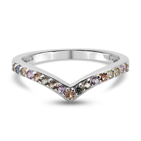 Rainbow Sapphire Wishbone Ring in Platinum Overlay Sterling Silver