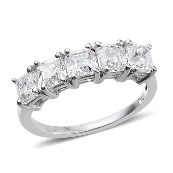 Lustro Stella - Platinum Overlay Sterling Silver (Asscher Cut) 5 Stone Ring Made with Finest CZ 2.50