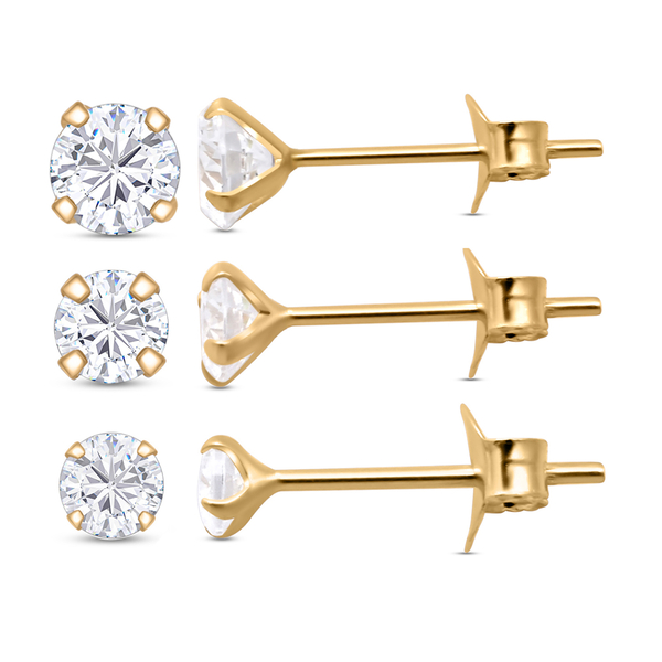 Set of 3 - ELANZA Simulated Diamond Stud Earrings (with Push Back) in Yellow Gold Overlay Sterling S