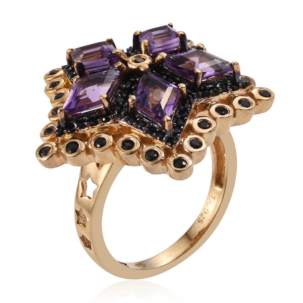 GP Amethyst (Kite), Kanchanaburi Blue Sapphire and Boi Ploi Black Spinel Ring in 14K Gold Overlay Sterling Silver 4.000 Ct.