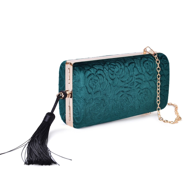 Peacock Green Colour Floral Pattern Velvet Clutch Bag with Chain Strap in Gold Tone (Size 16X8.5X5.5 Cm)