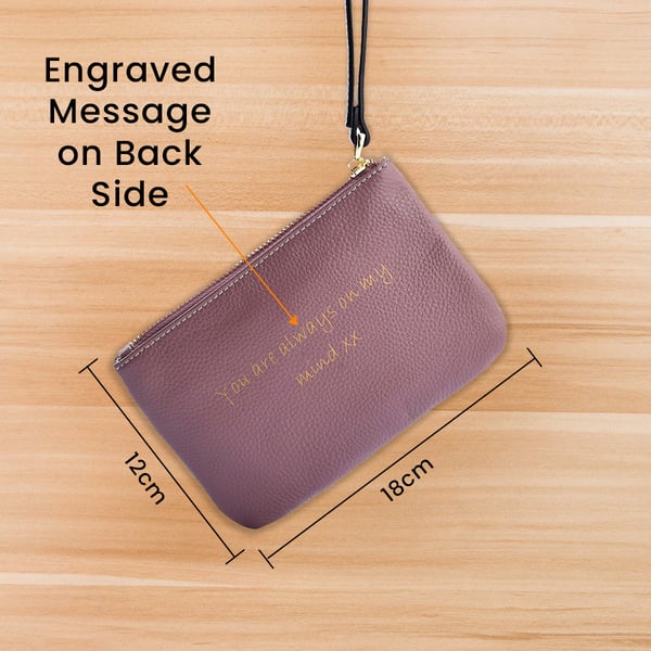 100% Genuine Leather Alphabet A RFID Protected Wristlet with Engraved Message on Back Side (Size 18x12 Cm) - Purple