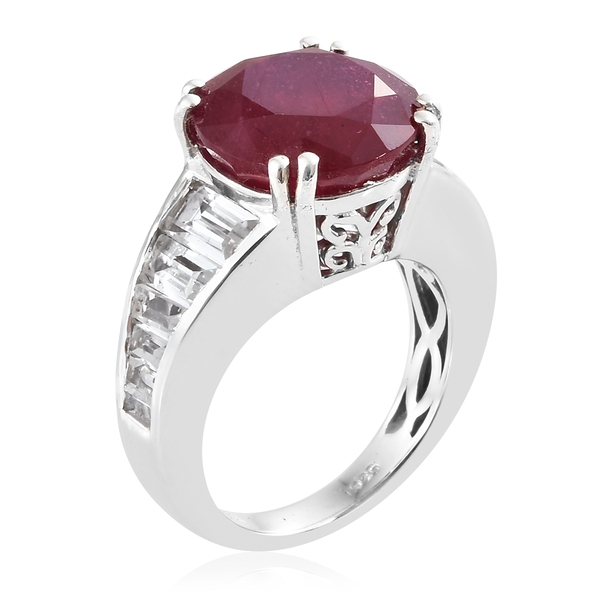 Designer Inspired- African Ruby (Rare Size Rnd 12 mm 9.15 Ctst), White Topaz Ring in Platinum Overlay Sterling Silver 11.500 Ct