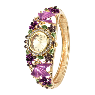 STRADA Japanese Movement Purple and White Austrian Crystal Floral Pattern Bangle Watch Size 6.5 in Gold Tone