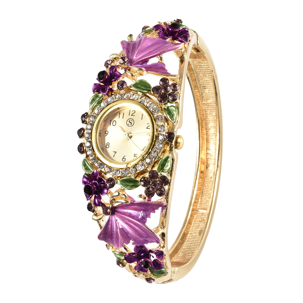 STRADA Japanese Movement Purple and White Austrian Crystal Studded Butterfly & Floral Pattern Water Resistant Bangle Watch (Size 6.5) in Yellow Gold Tone