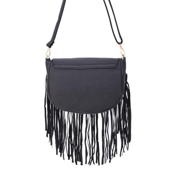 Black Colour Crossbody Bag with Fringes and Adjustable and Removable Shoulder Strap (Size 25.5x17.5x8.5 Cm)