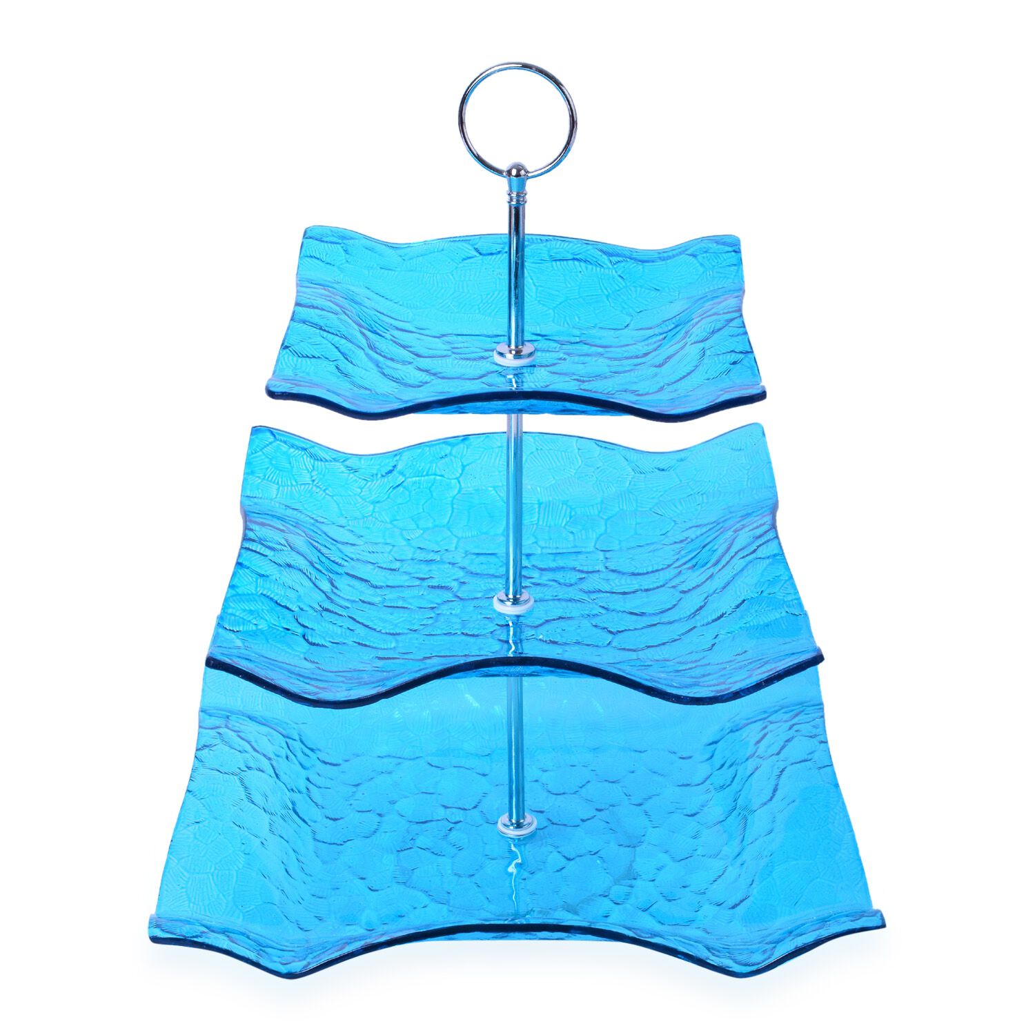 Multi Storey Blue Colour Glass Cake Stand in Silver Tone (Size 28X28, 22X22 and 17.5X17.5 Cm, Height