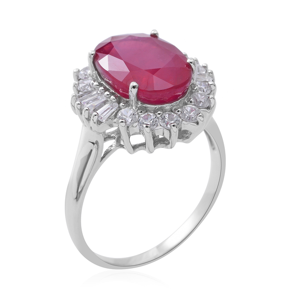 Designer Inspired- Limited Edition- Rare Size African Ruby (Ovl 14X10 mm 9.00  Ct), Natural Cambodian White Zircon Ring in Rhodium Overlay Sterling Silver 10.730 Ct.