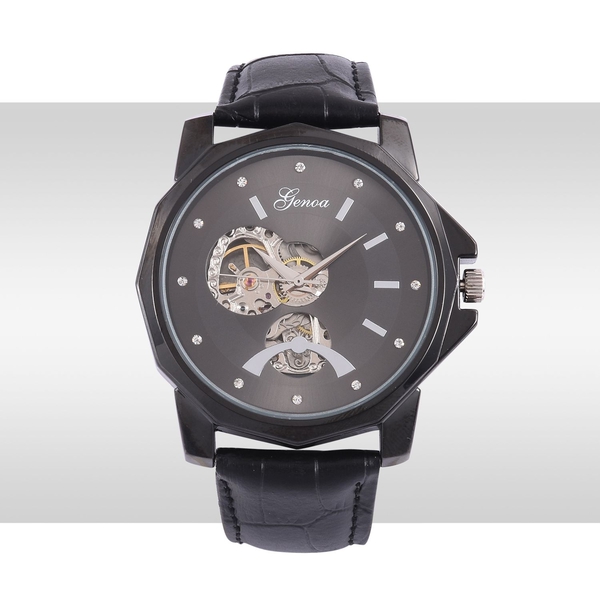 GENOA Automatic Skeleton Black Dial Water Resistant Watch in ION Plated Black with Stainless Steel Back and Black Leather Strap