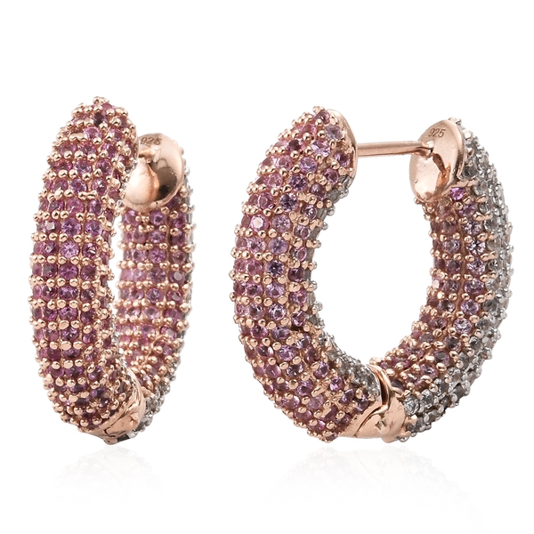 Designer Inspired - Pink Sapphire (Rnd), Natural Cambodian Zircon Hoop Earrings (with Clasp) in Rose