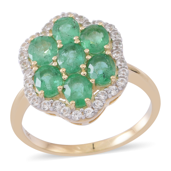 2.75 Ct AA Kagem Zambian Emerald and Cambodian White Zircon Floral Ring in 9K Gold