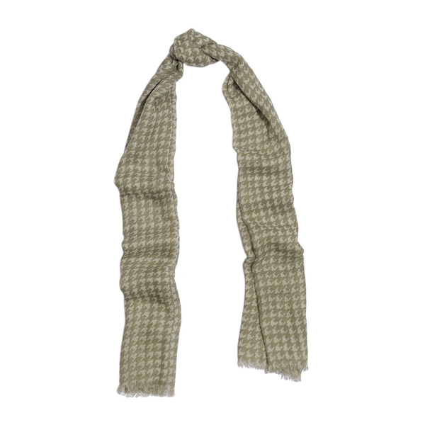 100% Merino Wool Houndstooth Pattern Green and White Colour Woven Scarf (Size 175x70 Cm)