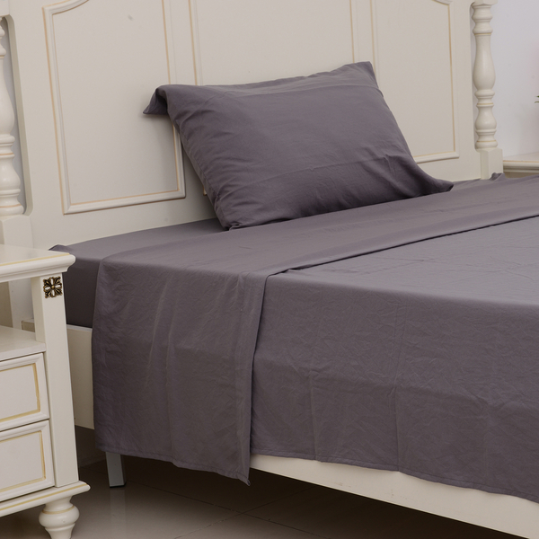 Single Size Sheet Set of 3- Extremely Soft Stone Washed Grey Colour Fitted Sheet (190x90x30 Cm), Fla