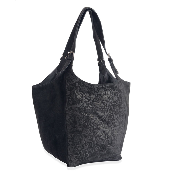 Genuine Leather Flowers and Leaves Embossed Black Colour Tote Bag (Size 47x33 Cm)