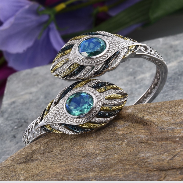 Peacock Quartz (Ovl), Blue and White Diamond Bangle (Size 7.5) in Platinum Overlay Sterling Silver 10.250 Ct.