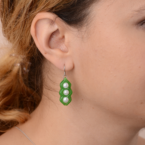 Green Jade and Freshwater Pearl Hoop Earrings in Rhodium Overlay Sterling Silver 33.75 Ct.