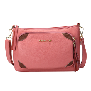 SENCILLEZ Genuine Leather Crossbody Bag with Detachable Strap and Zipper Closure - Pink