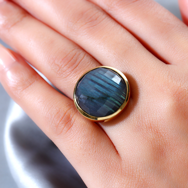 Labradorite Solitaire Ring in Vermeil Yellow Gold Overlay Sterling Silver 20.40 Ct.