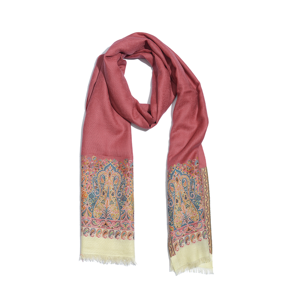 Limited Available - Designer Inspired 100% Merino Wool Multi Colour Paisley Embroidered Pink Colour Scarf (Size 200x70 Cm)