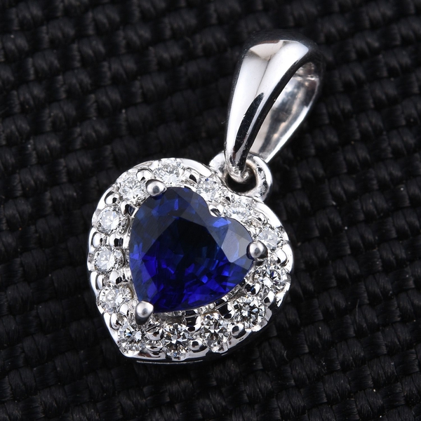 ILIANA 18K White Gold 0.90 Carat AAA Kanchanaburi Blue Sapphire Heart, Diamond SI G-H Pendant.