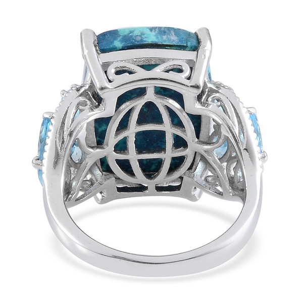 Table Mountain Shadowkite (Cush 12.25 Ct), Electric Swiss Blue Topaz Ring in Platinum Overlay Sterling Silver 14.010 Ct.