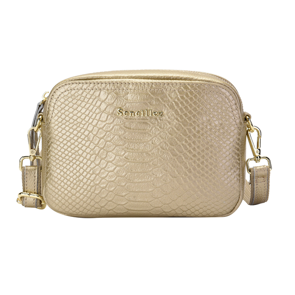SENCILLEZ Genuine Leather Snakeskin Pattern Crossbody Bag with Detachable Strap - Gold