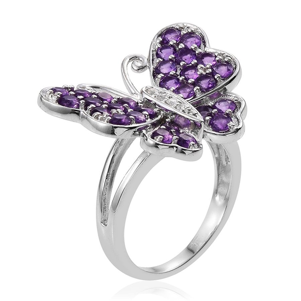Uruguay Amethyst (Rnd), Natural Cambodian Zircon Butterfly Ring in Platinum Overlay Sterling Silver 2.500 Ct.