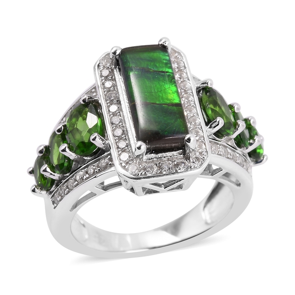 4.43 Ct AA Canadian Ammolite Contempary Ring in Rhodium Plated Silver