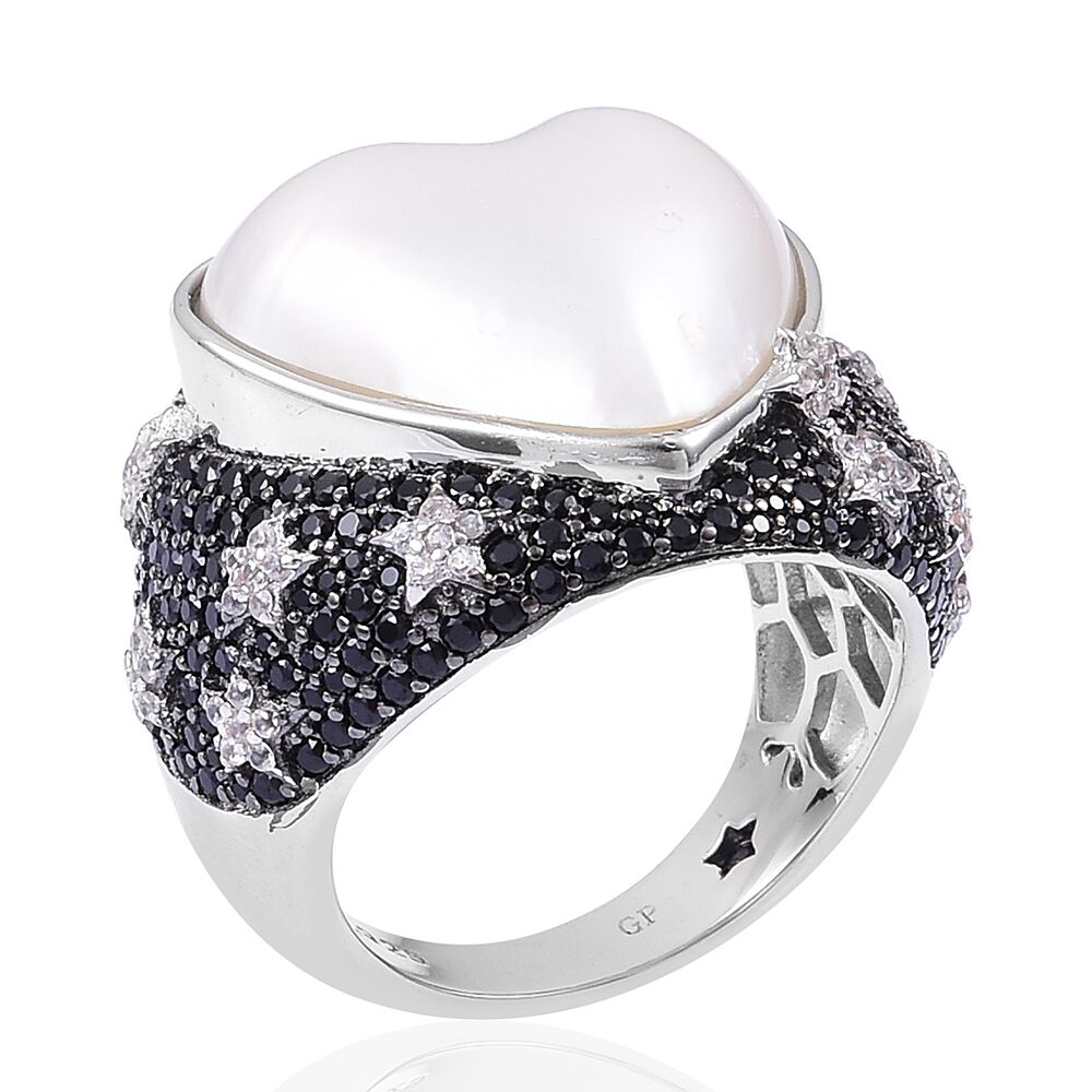 GP White Mabe Pearl, Boi Ploi Black Spinel, Natural White Cambodian Zircon and Madagascar Blue Sapphire Heart Ring in Black Rhodium Plated Sterling Silver 9.630 Ct. Silver wt 9.22 Gms.