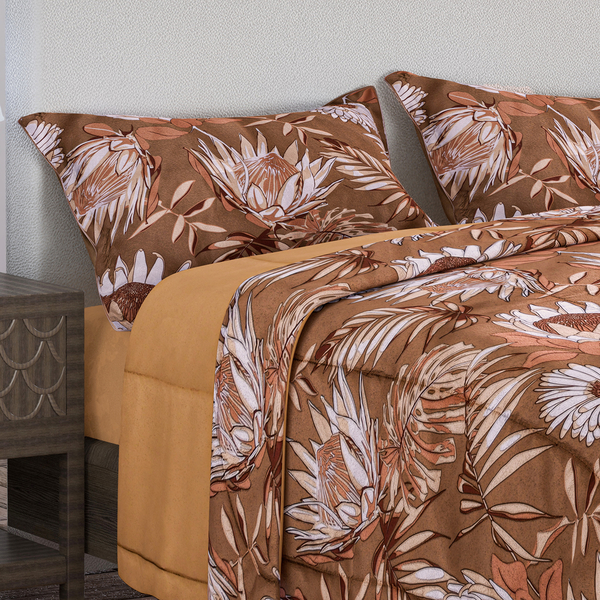 4 Piece Set - Digital Floral Printed Comforter (Size 225x220cm), Fitted Sheet (Size 200x150cm) and 2 Pillowcase (Size 70x50cm) - Gold (King)