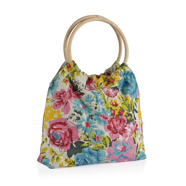 Sicily Yellow and Multi Colour Floral Pattern White Colour Handbag with Sequins (Size 38x30x9 Cm)